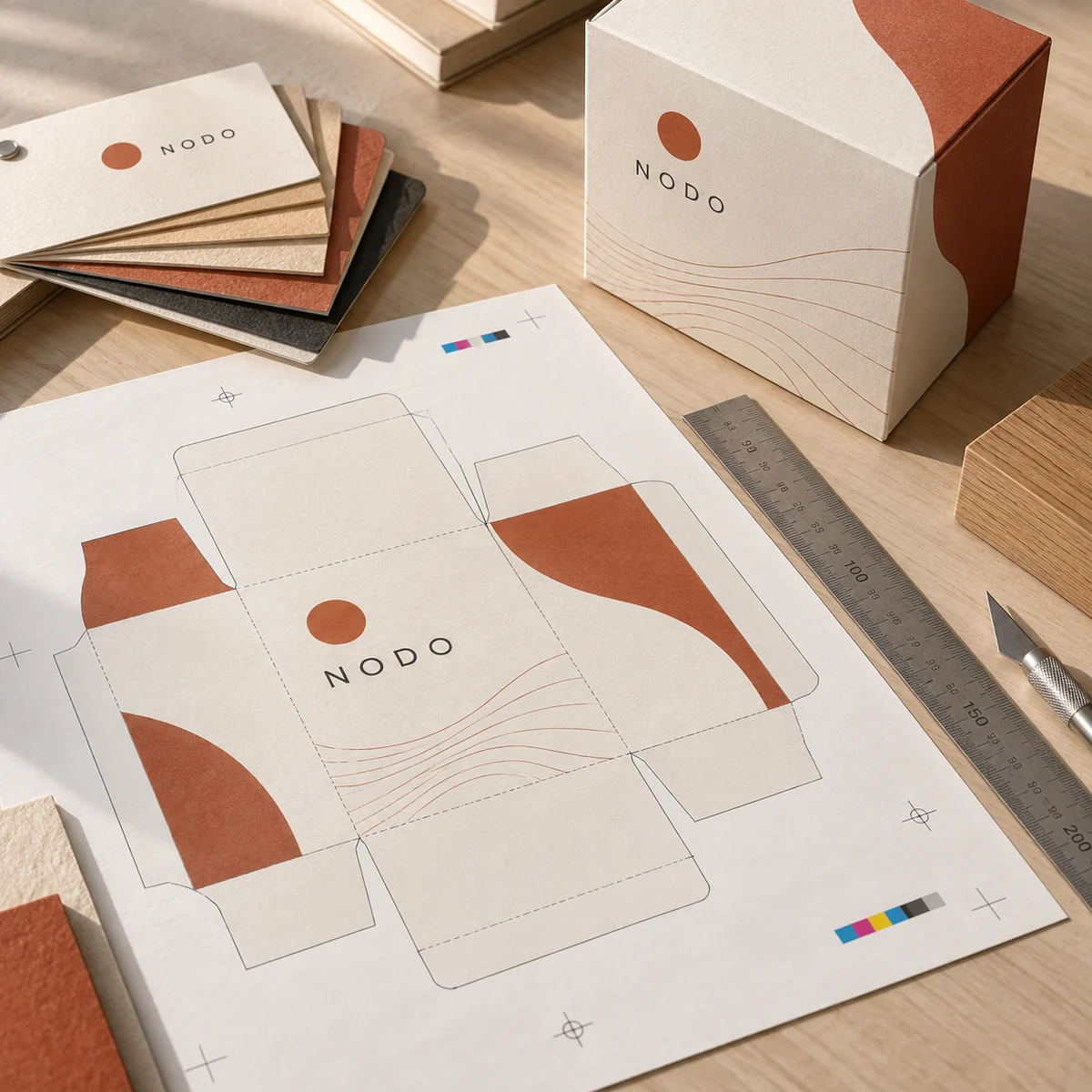Arte de empaque con líneas de corte y doblez junto a una caja armada y muestras de papel. Imagen ilustrativa generada con IA.